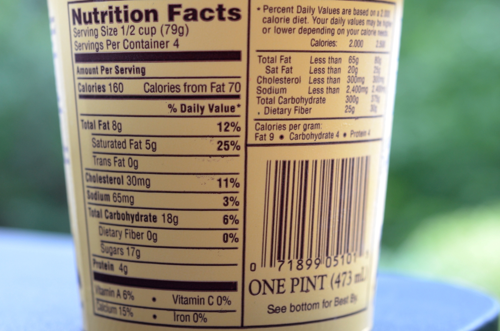 blue bell cookies and cream pint calories