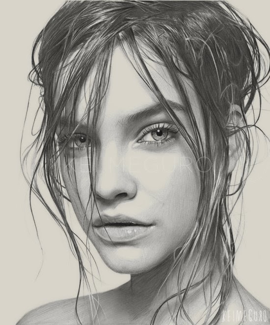 Os retratos ilustrados foto-realistas de lindas mulheres de Kei Meguro Kei Meguro ilustrações singelas minimalistas foto realistas preto e branco modelos mulheres atrizes