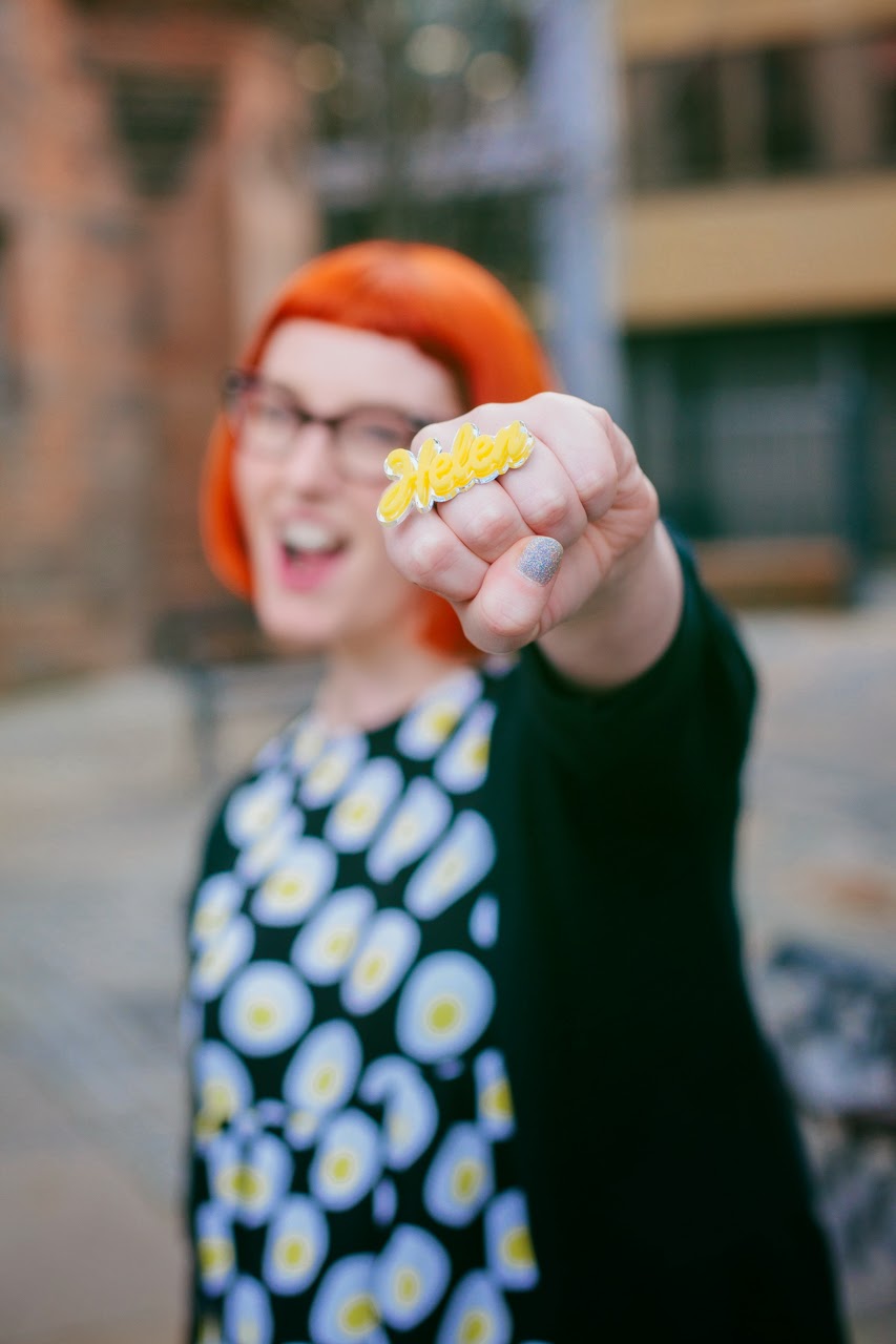 Helen Mint and Chillies Edinburgh Blogger, Scottish Blogger, Mint and Chillies, Ginger, Red Head, cat eye glasses, The Whitepepper egg dress, Bonnie Bling, Bonnie Bling name ring, personalised jewellery