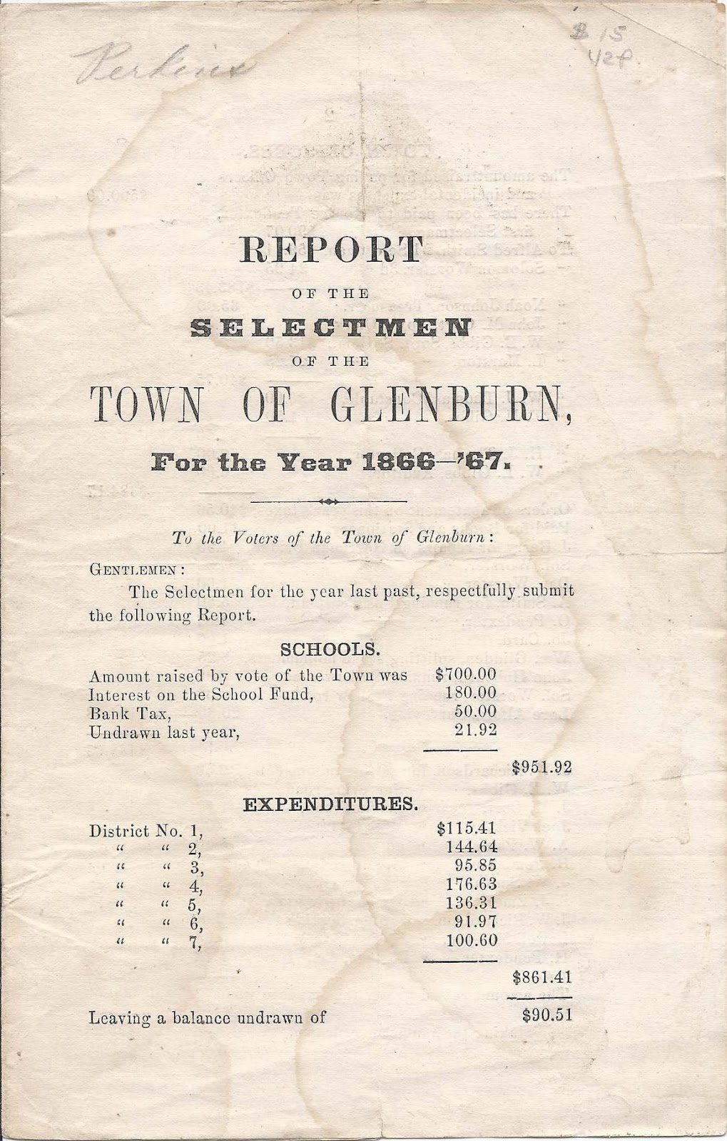 Heirlooms Reunited 1866/67 Annual Report of Glenburn, Maine