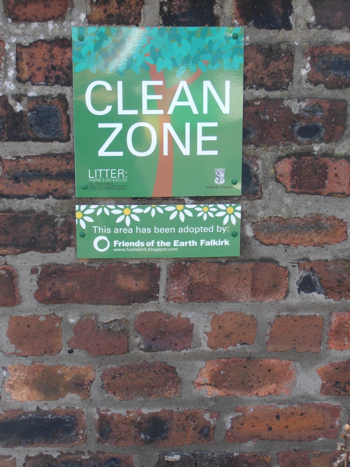 Friends of the Earth Falkirk Clean Zone Sign on Orphan Land Garden