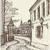 Vector cityscape. Narrow street of old town with access to the park near the church
