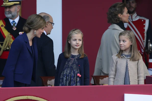 Queen Letizia of Spain, Princess Sofia of Spain and Princess Leonor of Spain attends the Spanish National Day 