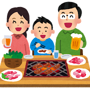 焼き肉を食べている家族のイラスト
