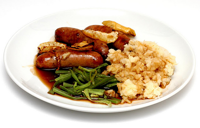 Bangers and celeriac mash with roast fennel and green beans Banger+and+mash+2