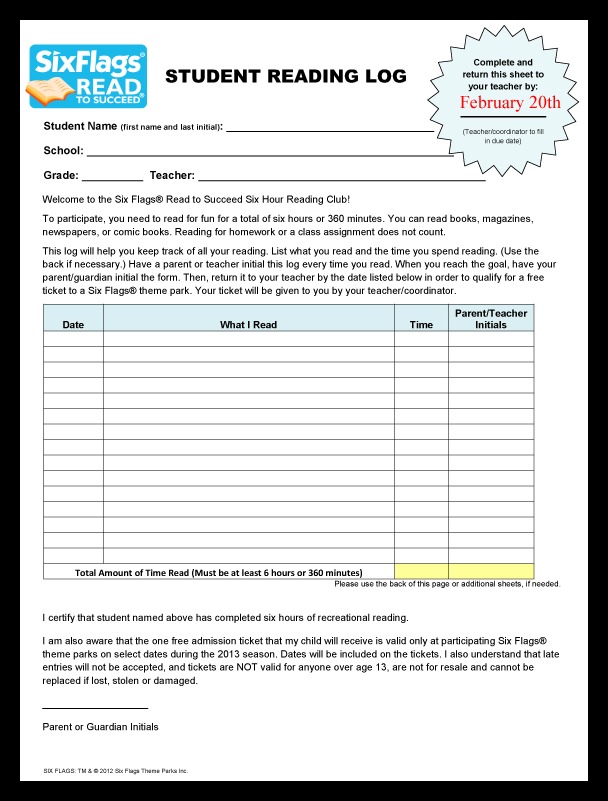 Six Flags Student Reading Log Six Flags Student Reading Log