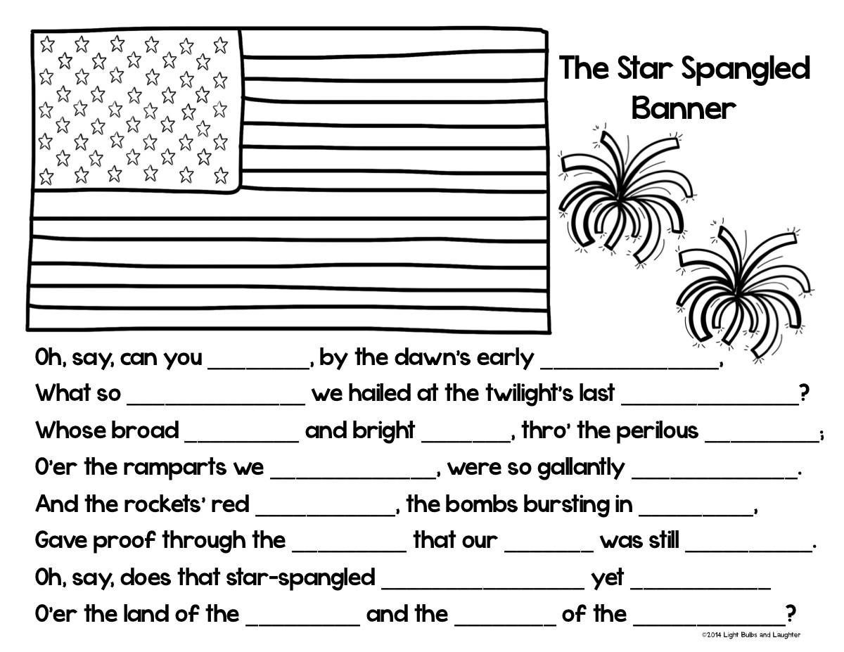 Star Spangled Banner Coloring Page/Cloze Activity from Light Bulbs and Laughter