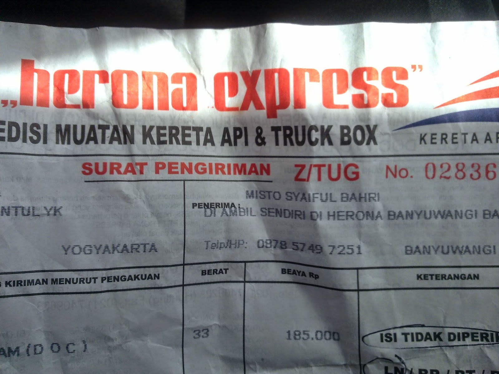 Kwitansi bukti pengiriman PT. Herona Express