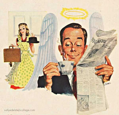 1950s household man, a saint drinking coffee, while his wife holds his hat and briefcase