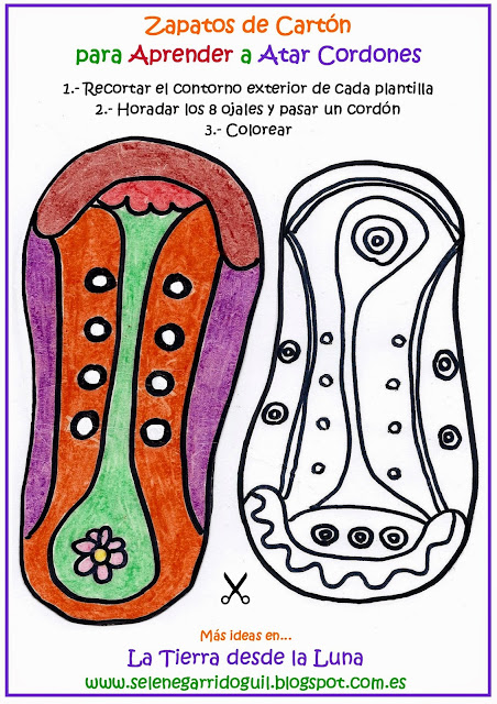 Plantilla imprimible para hacer zapatos de cartón. Tiene dos siluetas blancas de zapato con ocho ojales. Ambas tienen ornamentos marcados rotulador negro. Una de las siluetas está coloreada la otra está lista para colorear. ©Selene Garrido Guil