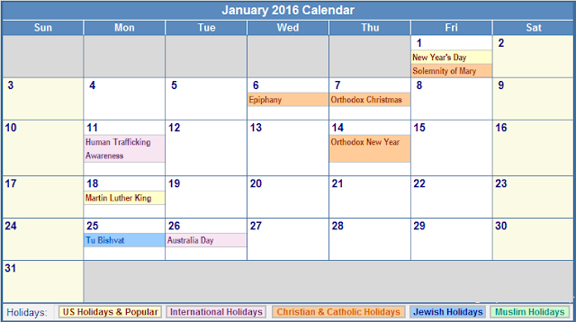 January 2016 Calendar with Holidays US, January 2016 Calendar with Holidays UK, January 2016 Calendar with Holidays Canada, January 2016 Blank Printable Calendar Template, January 2016 Calendar Word Excel PDF Download Free