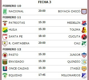 Programación Fecha 3 de la Liga Postobon 2012