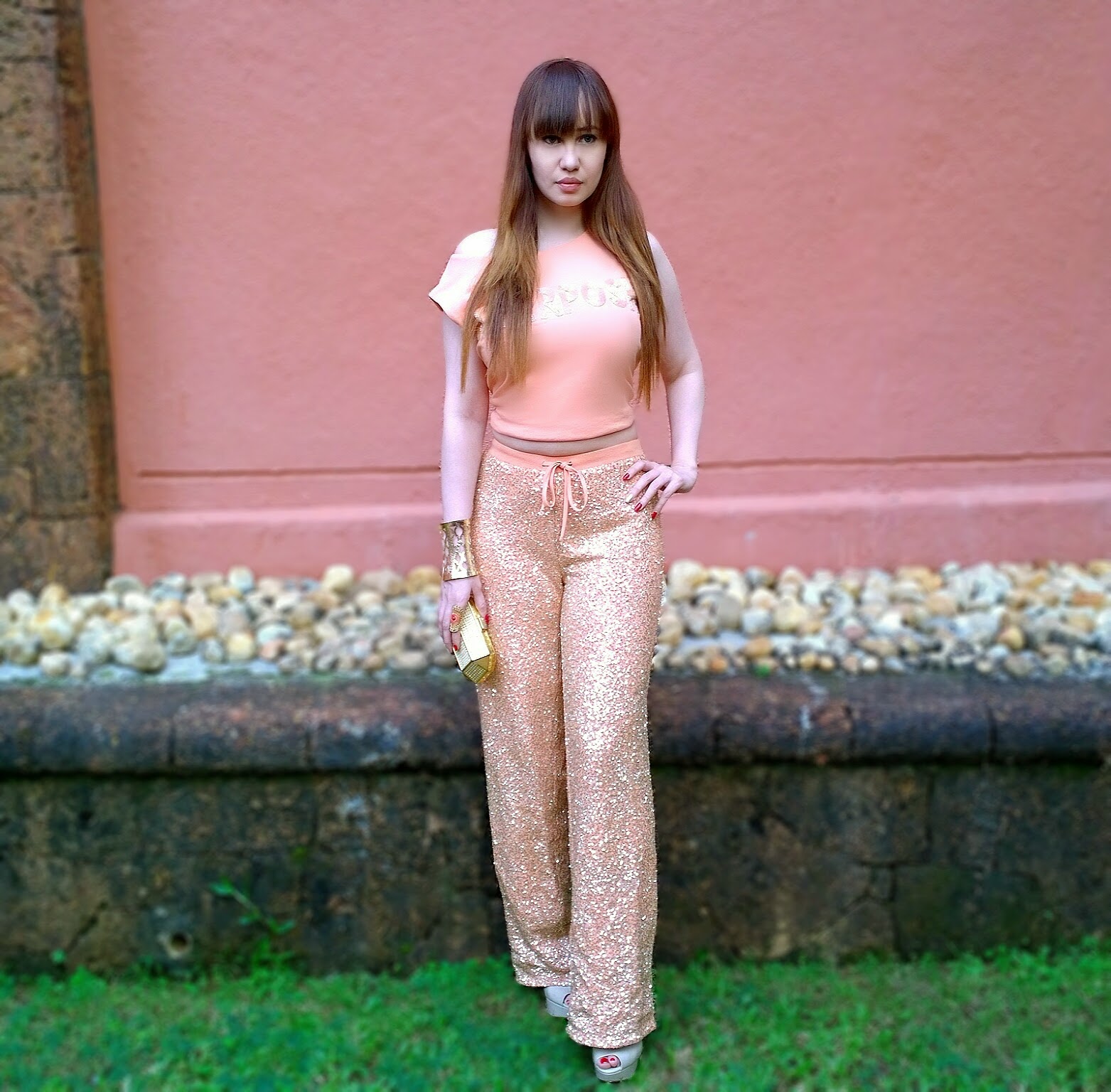 Sports Luxe ,peach tank top & sequin track-pants
