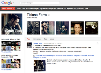 Immagine da desktop della pagine Google+ di Tiziano Ferro.