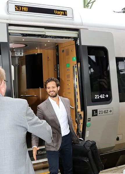Prince Carl Philip and Princess Sofia of Sweden traveling by train from Stockholm to Karlstad for their two day visit to the region Varmland 