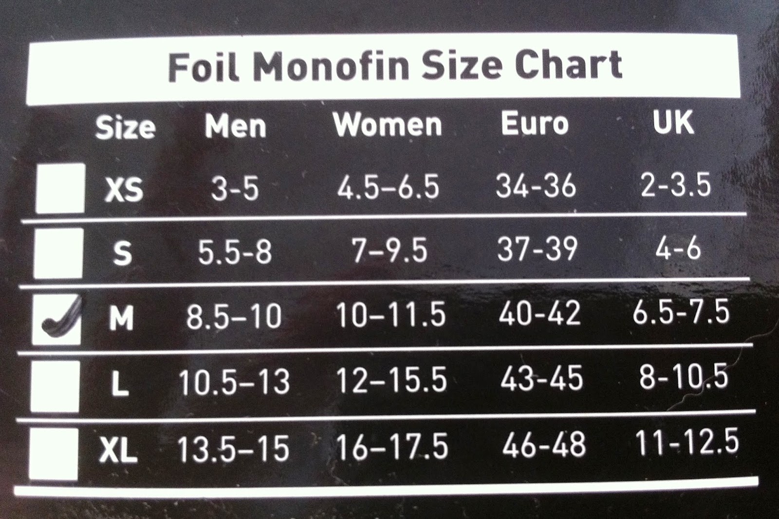 Finis Monofin Size Chart