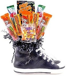 Black Halloween Sneaker Gift Basket Idea: Ceramic Black Sneakers with Candy: Black Halloween Sneaker Gift Basket
