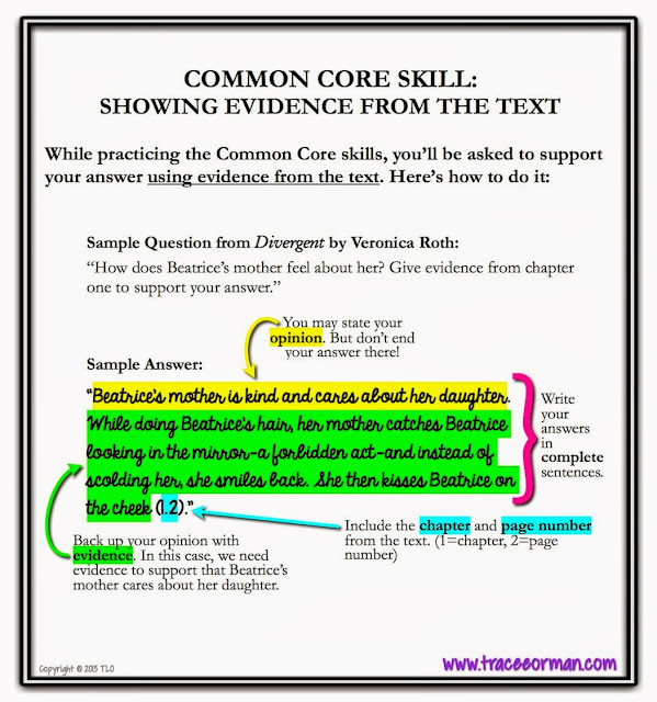 Common Core Skills: How to show evidence from the text. From www.traceeorman.com