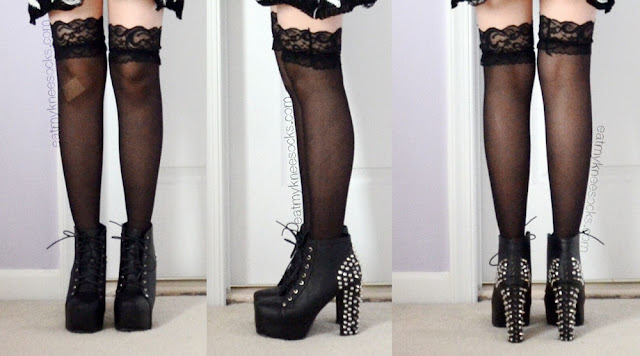 {Fashion Review} Dresslink - Lace-Trim Silk Stockings Modeled Front, side, and back views of the lace-top silk knee socks from Dresslink, along with spiked high-heel lace-up platform booties.