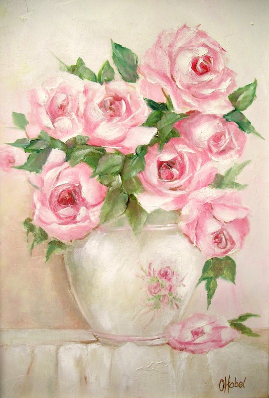 Romantic Country and Rose Paintings Rose Vase Shabby Chic Style Print