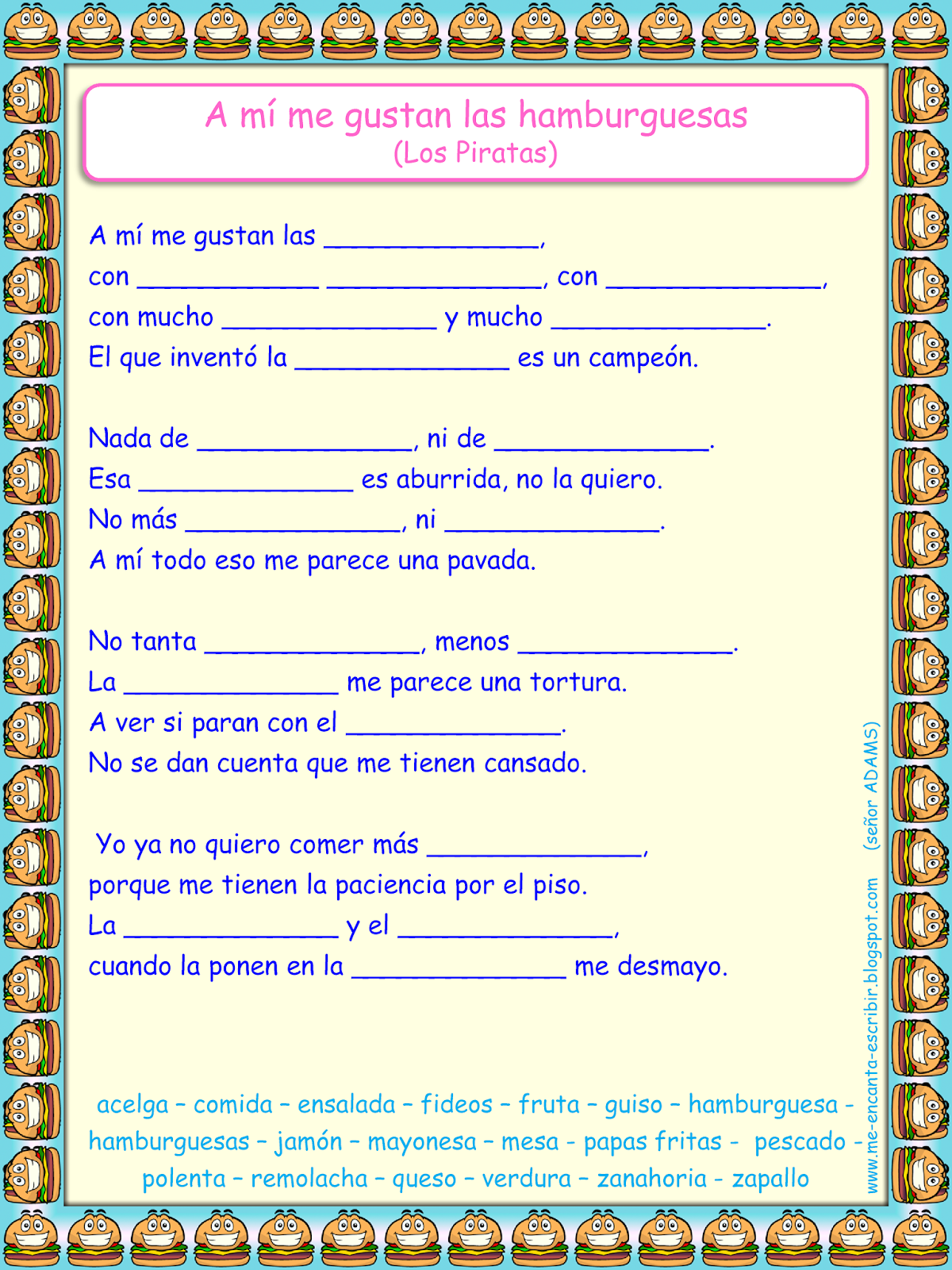 Me encanta escribir en español: Canción: A mí me gustan la hamburguesas