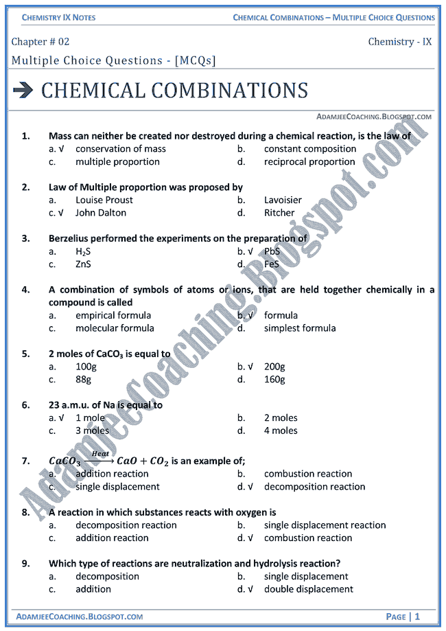 Adamjee Coaching Chemical Combinations MCQs Chemistry IX