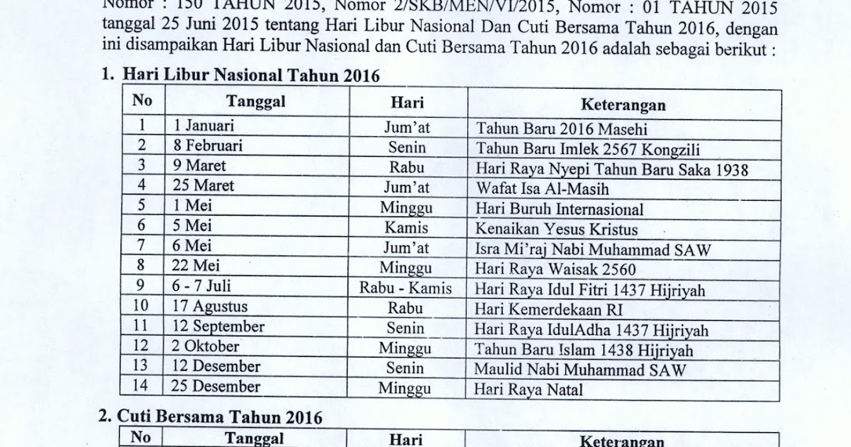 Hari Libur Nasional dan Cuti Bersama Kab. Bogor Tahun 2016
