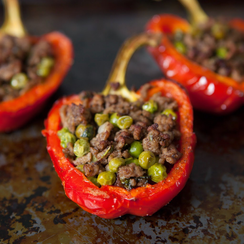 Peppers stuffed with spiced lamb Coconut Raita