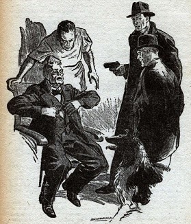 One of the uncredited illustrations accompanying the original publication of this story in Astounding magazine. Image shows a scene near end where the man in dogs body, with 2 friends, is confronting 2 villains.