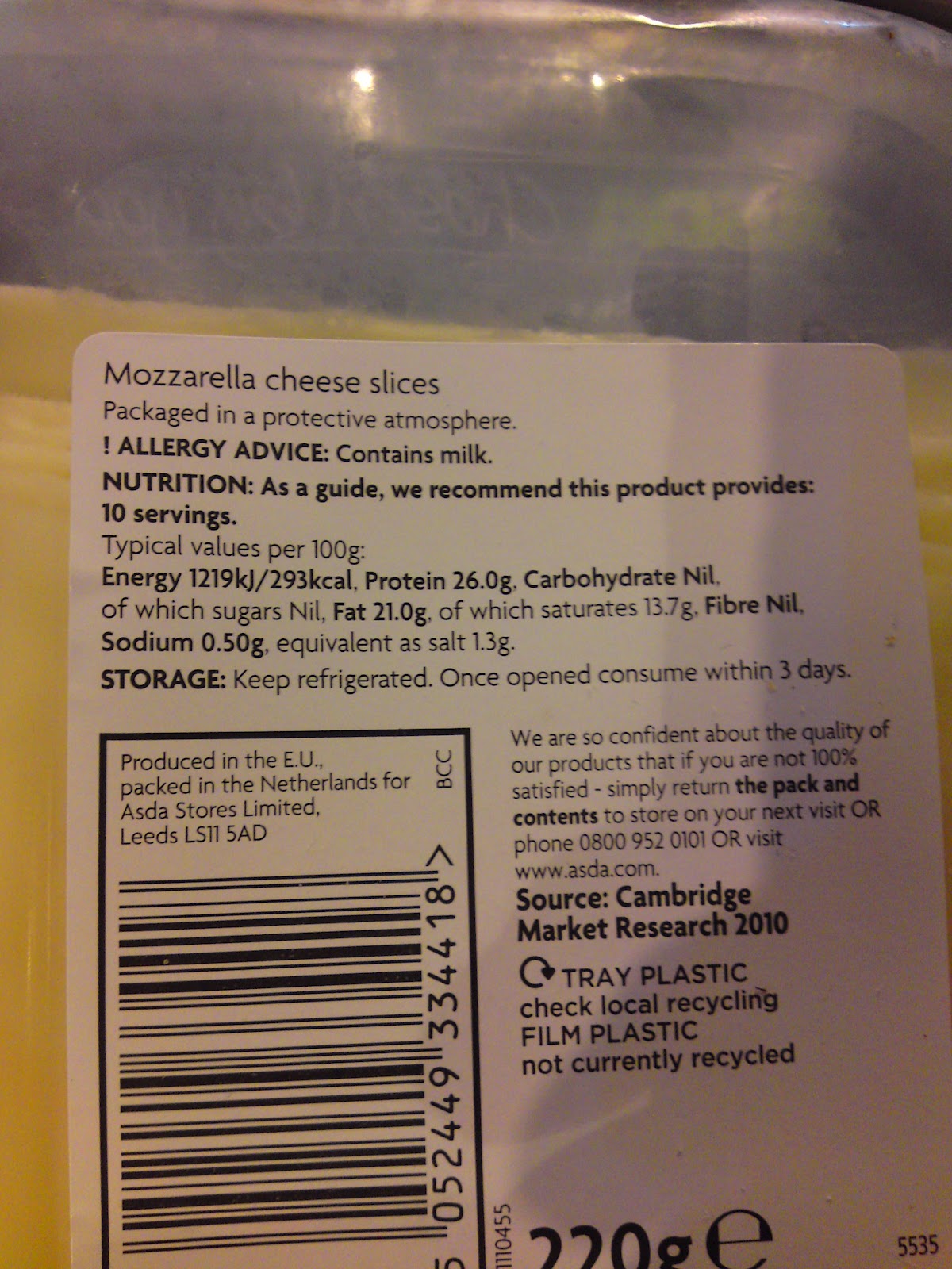 Lactose Free UK Asda Mozzarella Cheese Slice safe cheese