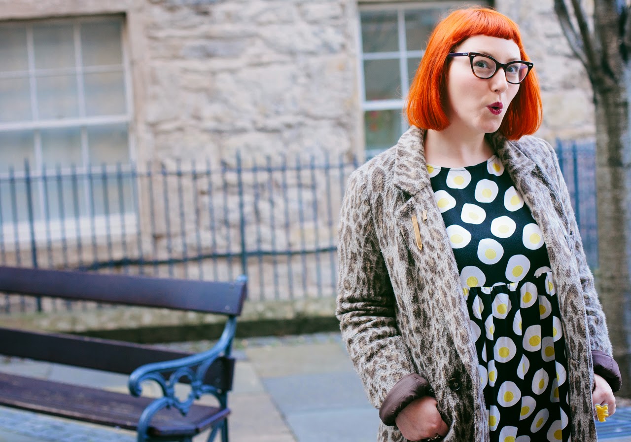 Helen Mint and Chillies Edinburgh Blogger, Scottish Blogger, Mint and Chillies, Ginger, Red Head, cat eye glasses, The Whitepepper egg dress, leopard print, pot, pouty face, dark lips