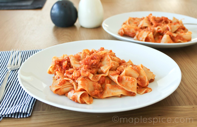 Smoky and Spicy Sausage and Tomato Pappardelle Pasta - vegan
