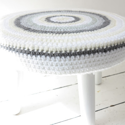 thrifted, crochet, stool, white floor, Haafner, handmade