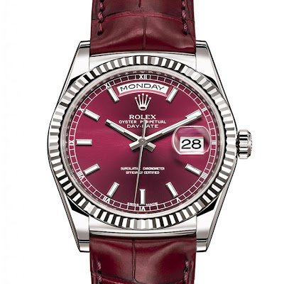 Rolex New Day-Date white gold, fluted bezel, cherry dial and leather strap