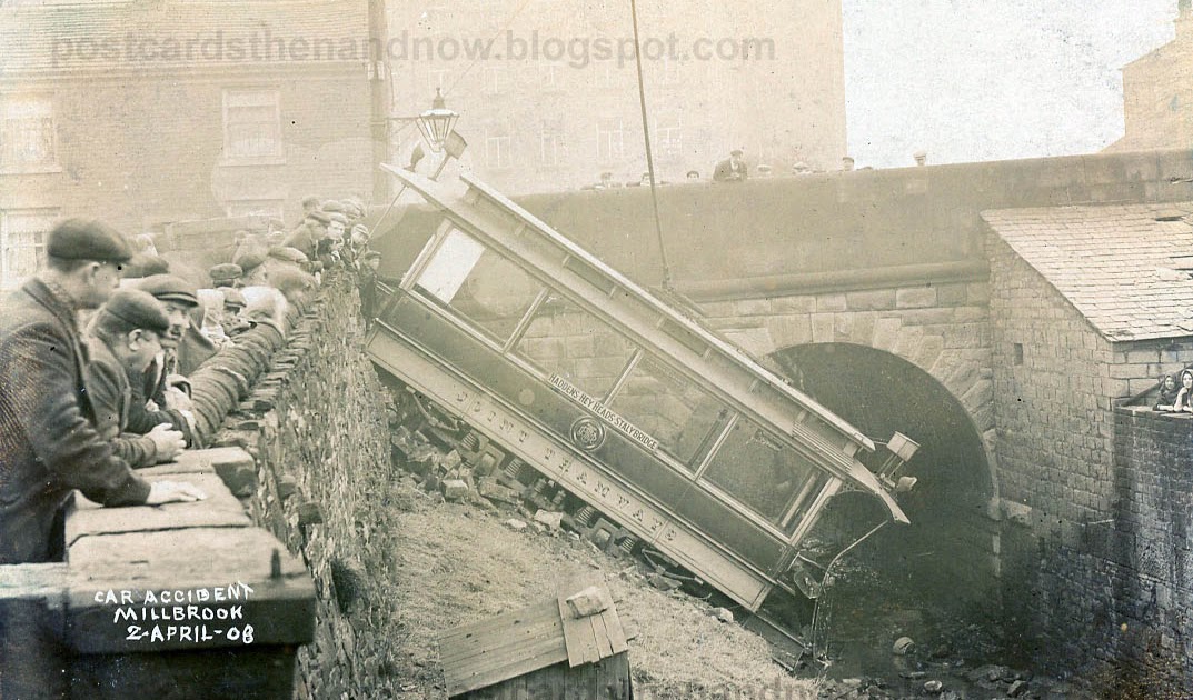 Postcards Then and Now Tramcar accident, Millbrook, Near Stalybridge