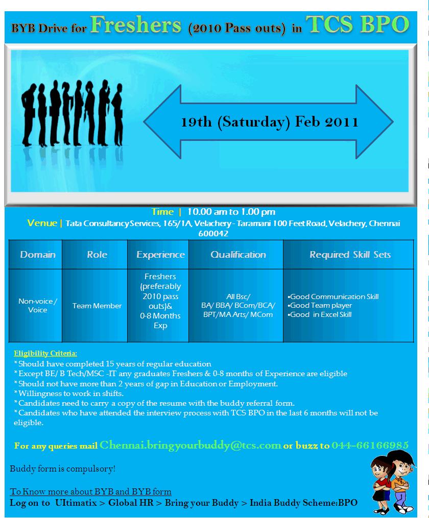 Freshers jobs 2010 Passout in TCS BPO Walkin Interview for Freshers in TCS BPO TCS BPO jobs