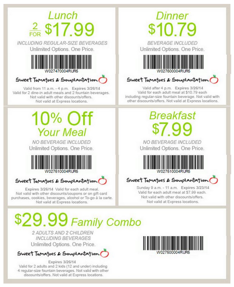 Sweet tomatoes coupons december 2018 Souplantation is called Sweet Tomatoes in some parts of the country and the coupons listed on this page are valid for all Sweet Tomatoes locations. HOURS & SPECIALS Souplantation is open for lunch and dinner in most locations, with a few restaurants opening earlier on Sunday and other days for breakfast patrons.
