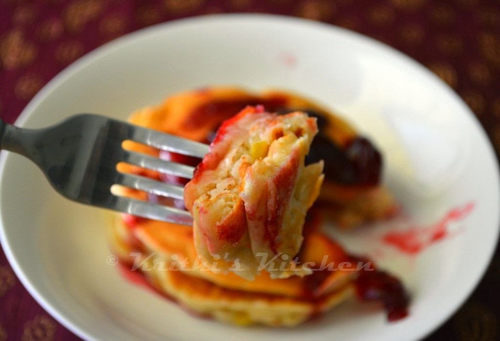 Krithi's Kitchen Peach Buttermilk Pancakes (eggless) with Cherry
