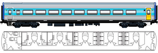 a blue and silver train with blueprints