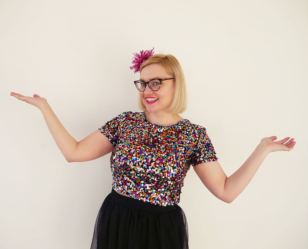 easy no fuss party outfit sequin top, tulle ballerina skirt, how to wear a crop top, plus size crop top, DIY christmas party fascinator