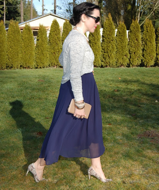 Victory rolls, Forever 21 sweater, blue midi skirt, pearl necklace and matchstick necklace