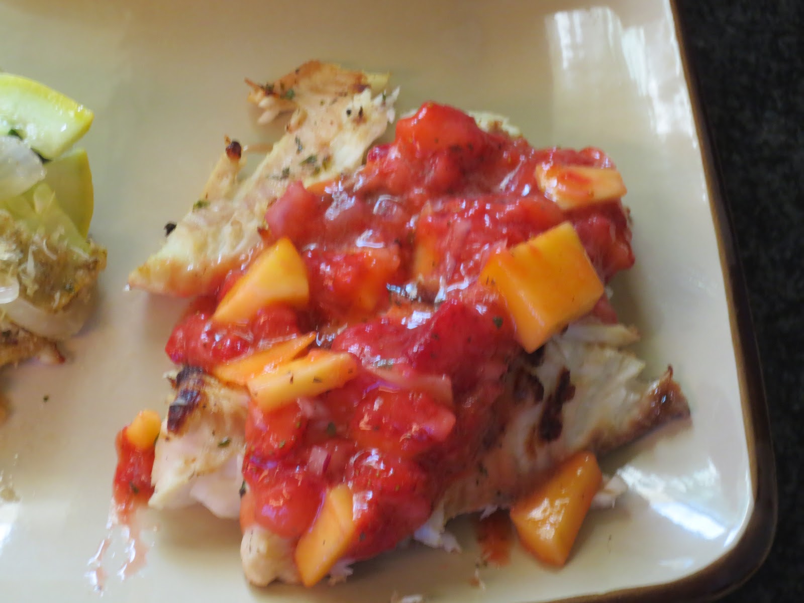 BJ Brinker's Home Cooking Grilled White Fish with Strawberry Mango Salsa