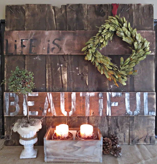 Rustic, reclaimed lumber pallet sign, by Down To Earth Home, featured on I Love That Junk. Beautiful indeed!