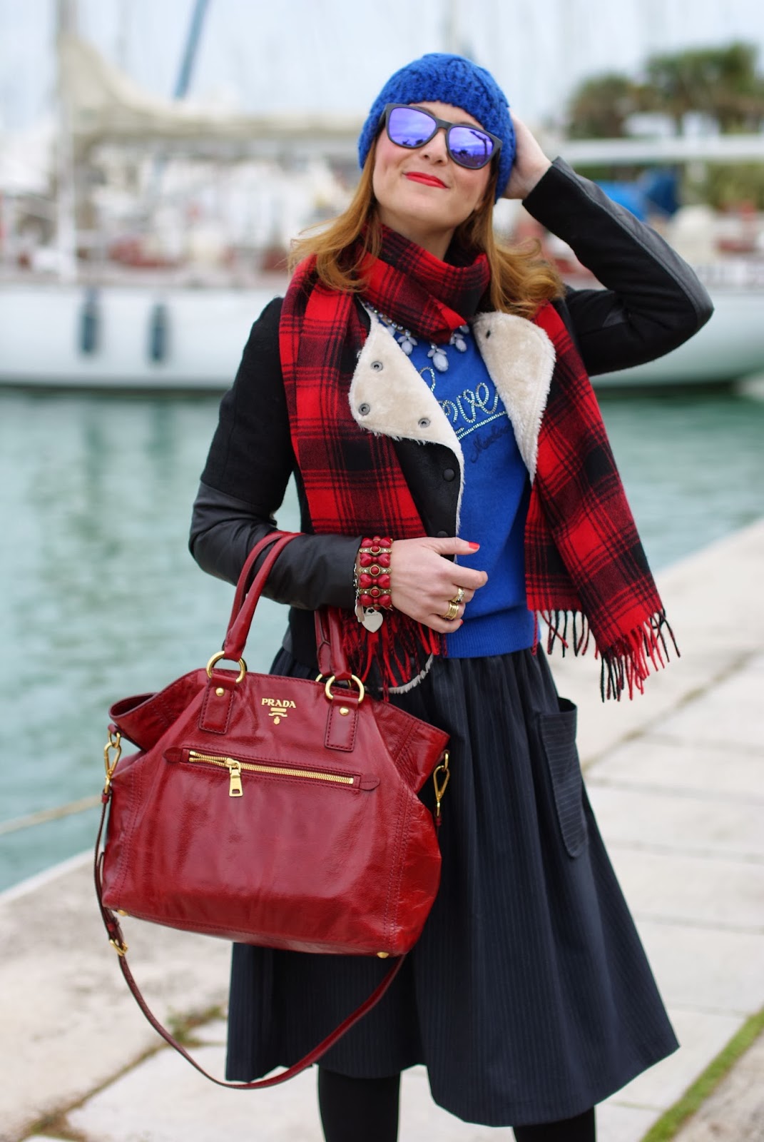 cobalt blue beanie, eco shearling, red Prada tote, pinstripe midi skirt, Fashion and Cookies, fashion blogger