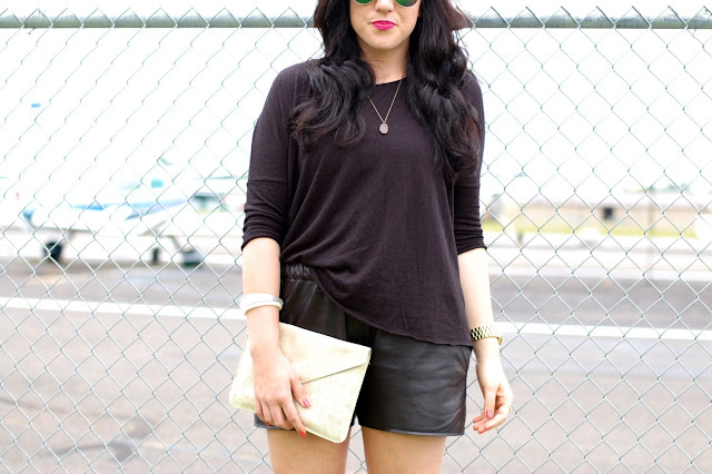 Vancouver fashion blogger,Valentino Rockstud flats, Topshop leather shorts and shirt and flash frame aviators.