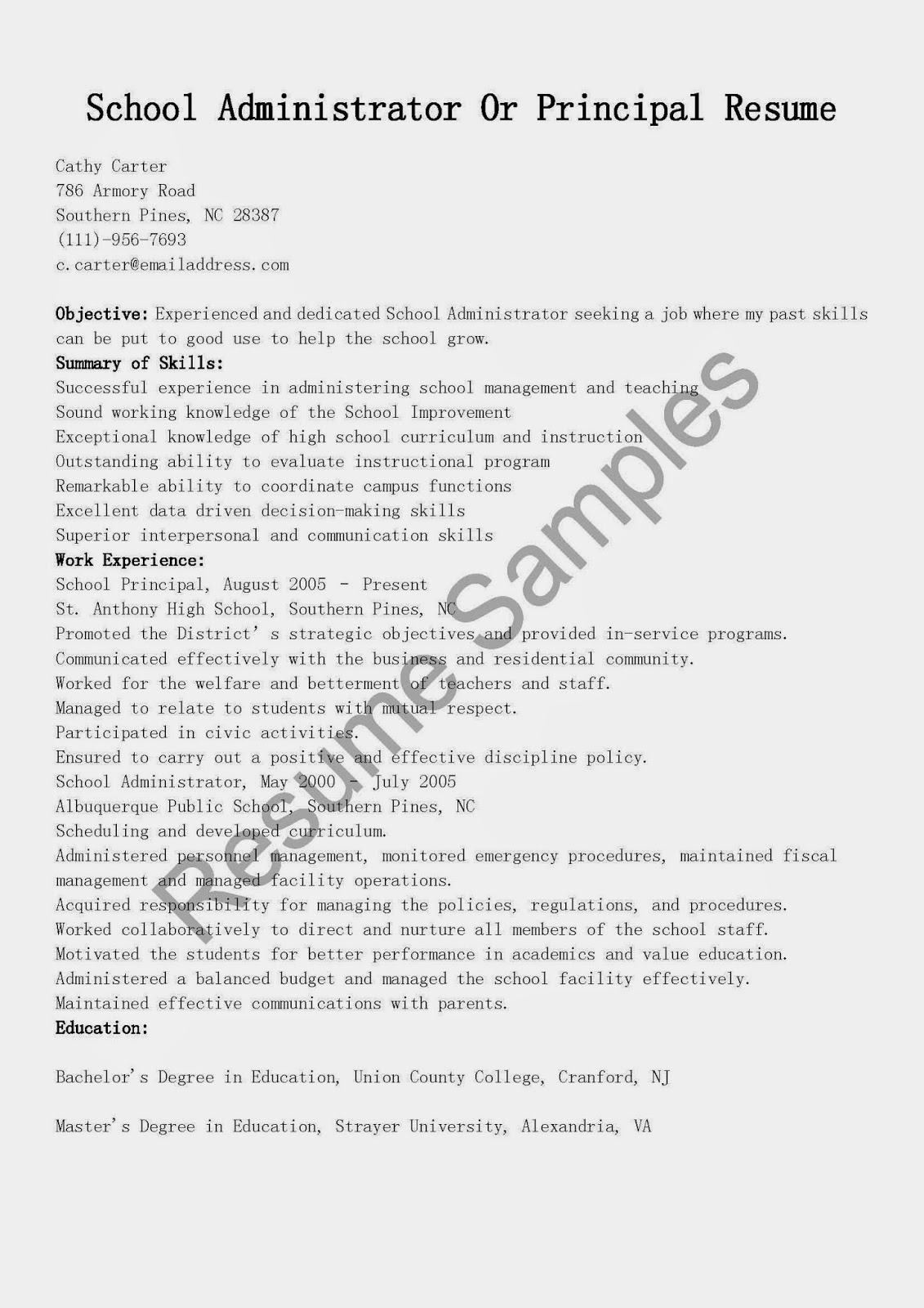 Resume Samples: School Administrator Or Principal Resume ...