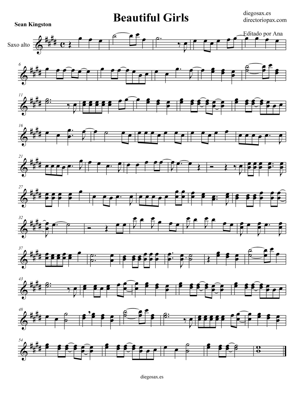 diegosax Beautiful Girls de Sean Kingston Partitura para saxofón alto