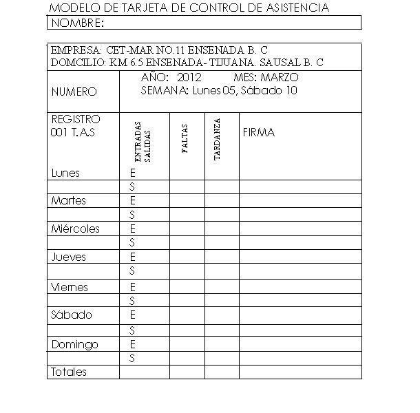 Administracion 2ºb Modelo De Tarjeta De Control De Asistencia