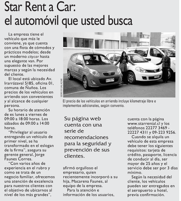 STAR RENT A CAR CHILE el auto que tu buscas , lo tiene starrental