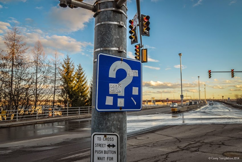 Portland, Maine Question Mark Blue Sign at Casco Bay Bridge 2014 Photo by Corey Templeton